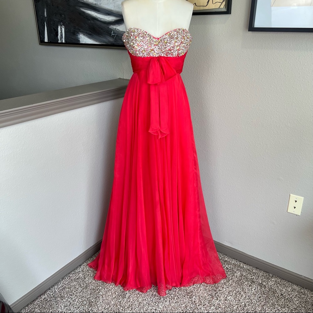 SHERRI HILL berry pink chiffon gown with rhinestone embellished bust